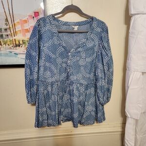 Cato Women's 18/20W Blue Floral Peplum Blouse 3/4 Sleeve Cotton Pheasant Cottage